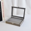 Grey velvet jewelry display box with clear glass lid and metal latch for rings - Ring Slots / Gray