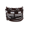 Macro shot of 5-piece multilayer braided leather and wax cord bracelet set on white - Brown White Woven Wrap Style (M6799)