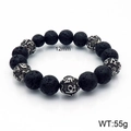 Pulsera de piedra de lava con cuentas de 12mm y abalorios de metal plateado vintage - Mantra de Seis Sílabas + Piedra de Lava