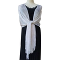 Elegant silver metallic lurex shawl with delicate fringe trim for wedding guest dresses - White with Gold Thread