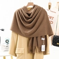 Thick dark brown cashmere scarf with fringe details styled on a wool coat - Thickened 300g Tassel Shawl / 200x70cm / Mottled Coffee
