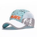 Kids quick dry mesh baseball cap in blue and grey with orange Brave embroidery - White Brim with Lake Blue