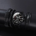 Set regalo uomo con orologio in pelle nera e bracciali di perline multistrato - Quadrante Nero Testo Rosso Cinturino Nero E Bracciali Neri