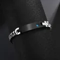 Men's NK chain bracelet featuring a black plate with blue sapphire and cross detail - Curved ID Bar Rhinestone 2-Sided Grinding Chain / Black
