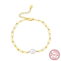 Elegant gold S925 silver paperclip chain bracelet with a central white freshwater pearl - Gold Single Irregular Pearl (GPB07)