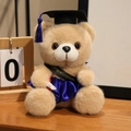 Brauner Absolventen-Teddybär im blauen Rock mit Diplom und goldener Gratulationsschärpe - Kamelfarbener Bär-Dunkelblaue Kleidung / 18cm