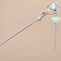 Silver metal hairpin with auspicious cloud design and yuanbao tassels on beige background - Sycee / Ingot