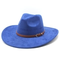 Detail of royal blue suede cowboy hat featuring a brown leather belt with metal buckle - M(56-59CM) / Sapphire Blue