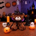 Brown teddy bear in purple and black wizard outfit for Halloween party decoration - Dark Brown Bear - Purple Collar Cape