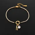 14K gold stainless steel tennis bracelet with letter h and rhinestone pendants - Letter H
