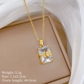 Macro shot of gold leaf necklace with rectangular crystal, showing size and weight specs - H453 Stainless Steel Chain Copper Micro Pave Pendant