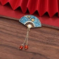 Blue enamel fan brooch with plum blossoms, pearls and red beads in gold finish - 352# Fan