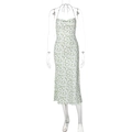 Floral halter neck midi dress in white with green flower print and slit hem - L / Green