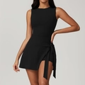 Slim fit black sleeveless athletic mini dress with waist tie and built-in shorts - S / Premium Black