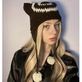 Handmade brown knit cat ear beanie with white spiral patterns and soft earflaps - Adult 56-59cm / Black+White Pattern