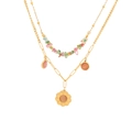 Double-layered gold necklace with colorful beads and flower pendants in a retro style - Pink Flower Style (1#)