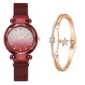 Detail of red glitter dial watch and rose gold star charm bracelet set for women - Watch+Bracelet / Red