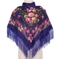 Detail of navy blue ethnic floral scarf with vibrant rose patterns and long silk tassels - Dark Blue