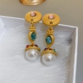 Orecchini vintage dorati con gemme colorate e perle bianche in una scatola felpata - 8# Perno d'Argento-Set di Gemme Rotonde Colorate