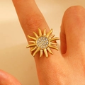 Golden stainless steel sunburst ring with white crystal pavé worn on finger - 18k Gold Plated (2207)