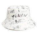 Detail of white canvas bucket hat featuring black graffiti lettering and baby doodle prints - M (56-58cm) / White Silver