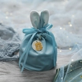 Light blue velvet rabbit-ear wedding candy bag with silk bow and golden Xi character charm - Pearl Charm Style - Small / Light Blue