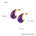 Detail of purple resin teardrop earrings with gold metal frame and size measurements - F854 Purple Resin Gold Studs