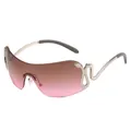 Y2K rimless wrap sunglasses with pink gradient lenses and golden snake-shaped temples - Top Brown Bottom Pink