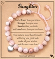 Handmade pink natural stone beaded bracelet with silver heart charm for daughter - Pink Zebra + daughter Card