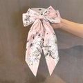 Fermaglio per capelli con fiocco in raso rosa a fiori e nastri lunghi eleganti - Rosa Stampa Camelia Nastro