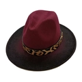 Detailed close-up of gradient burgundy to black wool fedora with leopard print band - Jujube Red Black Gradient
