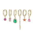 Detail view of a 6-piece gold earring set with colorful zircon stones in various shapes - Multi-color Gemstone Star Moon 6-Piece Set