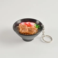 Miniature Japanese udon noodle keychain with fake pork and fish cakes in a black bowl - Beef Noodles - With Keychain