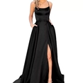 Elegant black satin long evening dress with thin straps and a high side slit detail - US size 2 (S) / Bottoms / Black