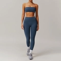 Women's dusty blue 3-piece yoga set with bandeau top and high waist leggings - S / Badge Blue Bandeau+Pants