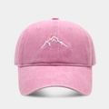 Close-up of mountain peak embroidery and washed cotton texture on pink baseball cap - Adjustable / Pink