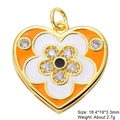 Macro detail of heart enamel pendant with orange petals, white zircon, and size specs - Orange White Enamel Flower