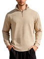 Men's khaki waffle textured long sleeve sweatshirt with half-zip stand collar - Khaki