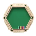 Hexagonal wooden number board game with green felt surface and colorful dice set - 6-Sided Natural Wood Shut The Box (White Box)