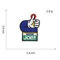 Macro detail of 'GOOD JOB' thumbs up embroidery patch showing 7.4x5.4cm dimensions - GOOD JOB Thumbs Up