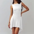 Detail view of white sleeveless dress featuring a high-low asymmetric hem and slim waist - S / White