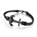 Men's black braided leather anchor bracelet with sparkling crystals and black metal clasp - Black (19cm) (KB117802-KFC)