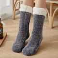 Grey cable knit winter floor socks with cozy white faux fur lining and warm indoor style - One Size / Dark Gray