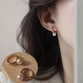 Elegant gold hoop earrings with pearl charms shown on model and in a still life view - Gold Hoop Dangle Single Pearl Earrings(ED1729)