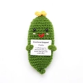 Green crochet emotional support pickle plush holding an encouraging message card - Autumn Green Pickle with Flower E