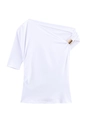Close-up of asymmetrical white T-shirt featuring a decorative gold metal shoulder buckle - XS / White