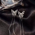 Elegant silver butterfly tassel earrings with pearls and rhinestones on black silk - Hollow Butterfly Tassel