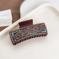 Brown western style rectangular hair claw clip with vintage black pattern and teal dots - Sea Wave