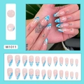 Lake blue almond press-on nails with heart and wave patterns in 24-piece full set - W1011 Summer Heart