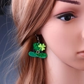 St. Patrick's Day green glitter hat earrings with shamrock leaf charms for women - St. Patrick's Hat